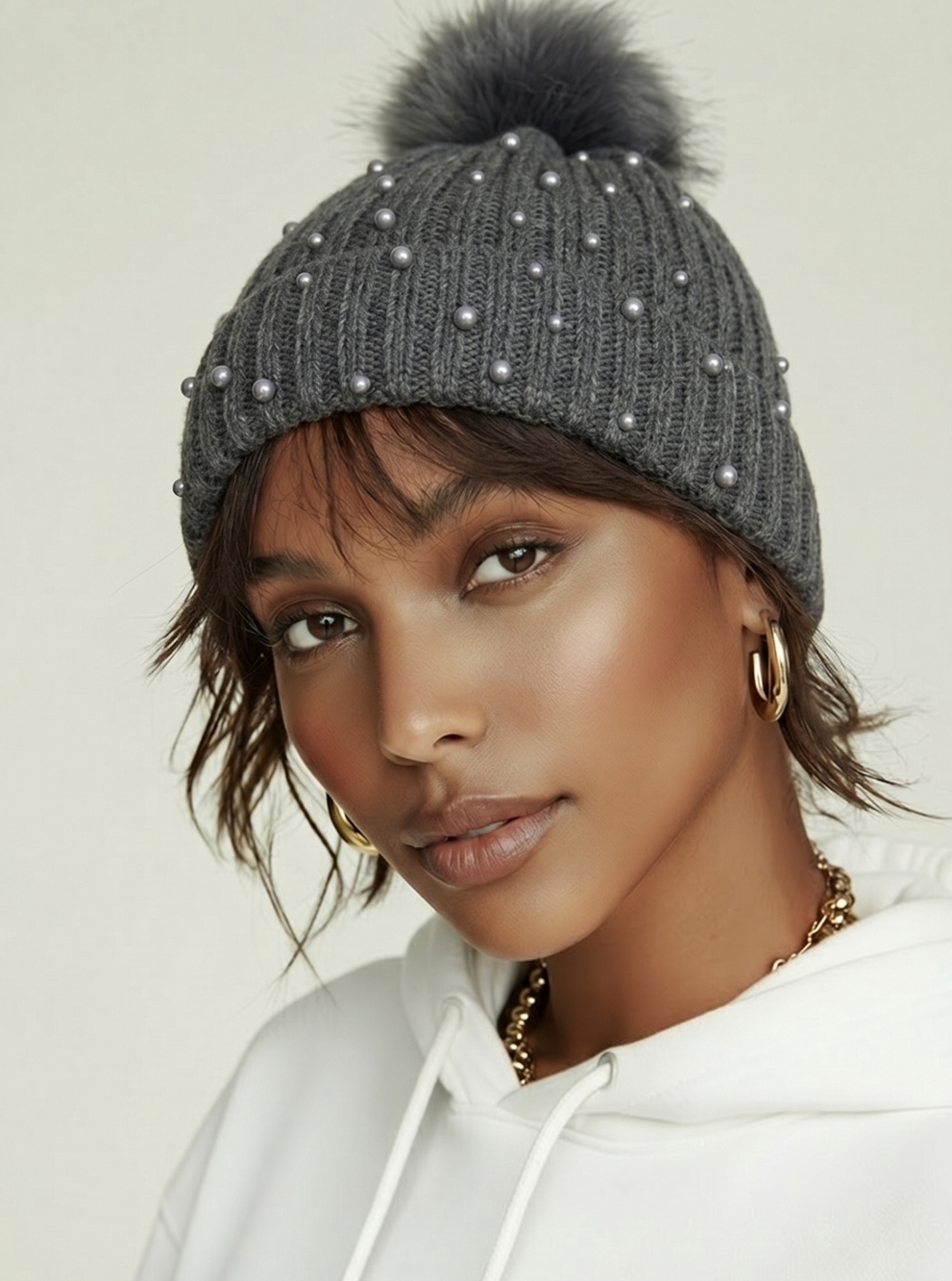 NWT Charcoal Knit Pearl Polkadot Beanie with Faux Fur Pom Pom
